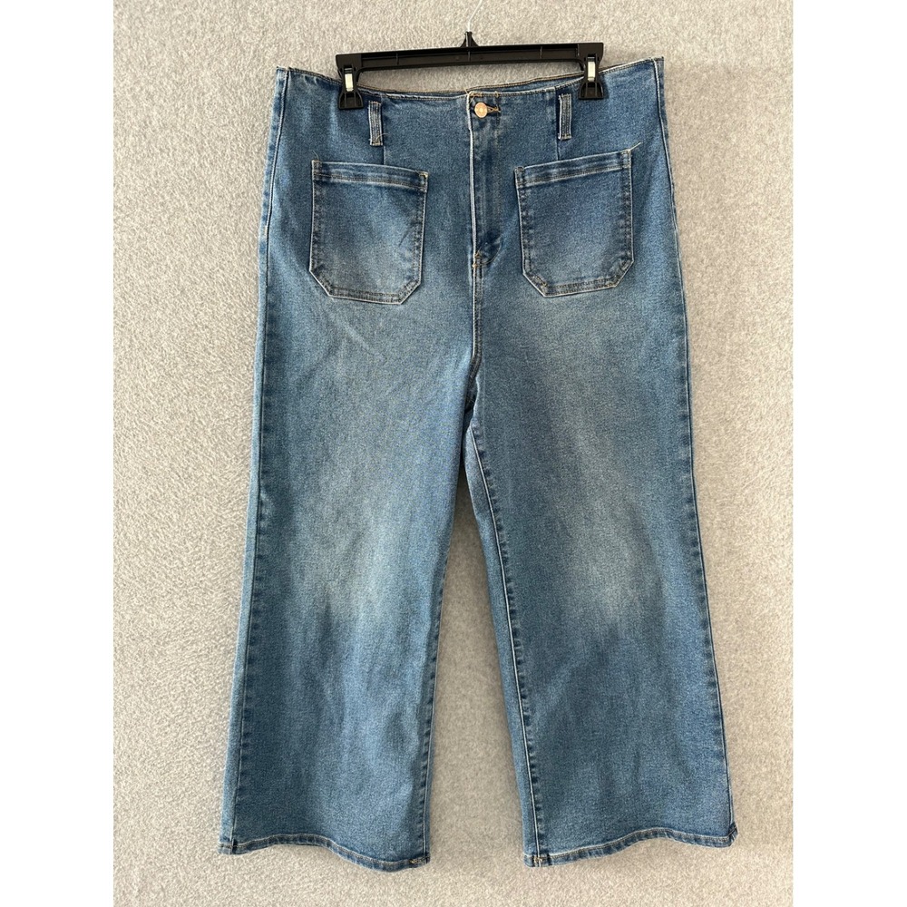 Express Wide Leg Jeans Women 14 Blue High Rise Patch Pocket Cropped Denim